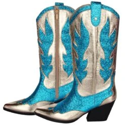 Luxe Cowboy Laarzen Goud/Turquoise Glitter -Halloween Winkel pwhlaars turq 3gr